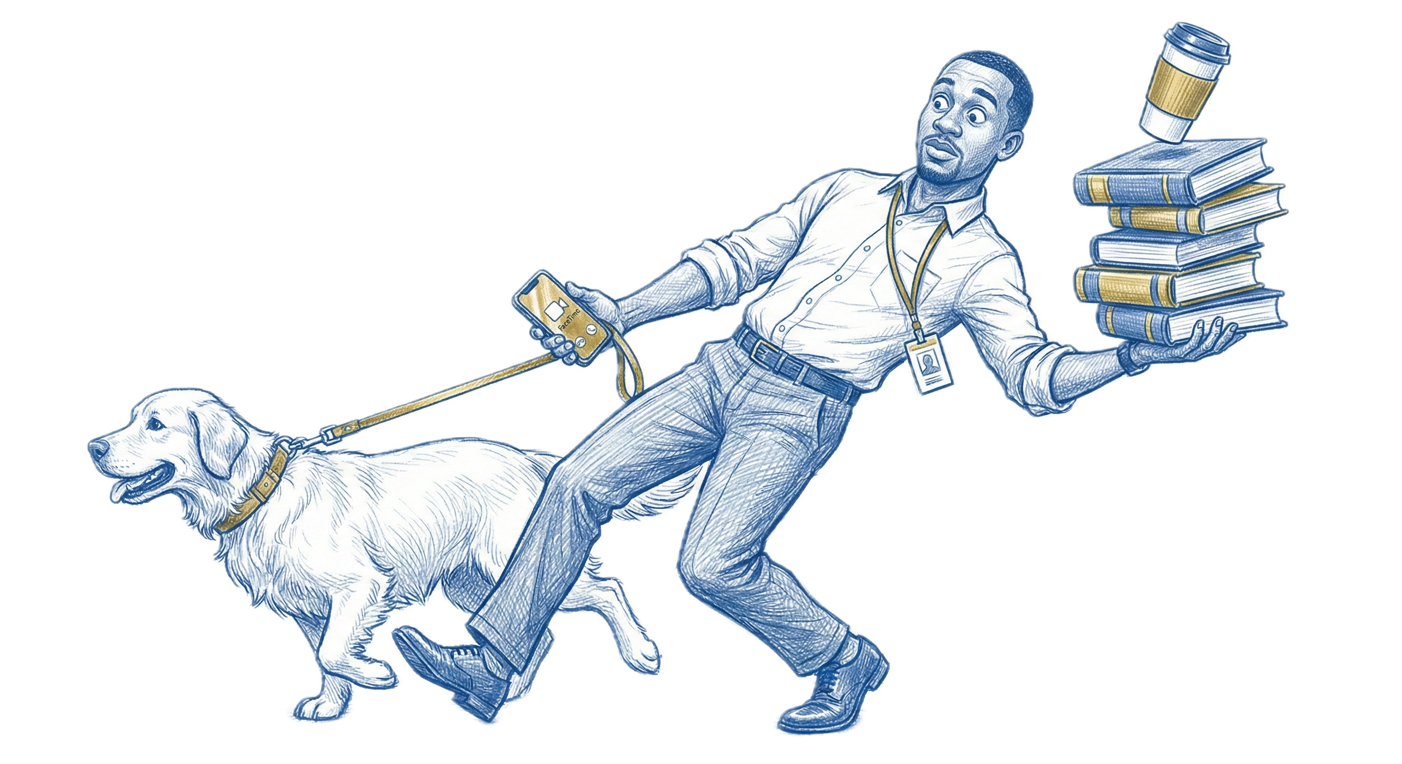 The Juggler - person being pulled by dog while balancing books and phone